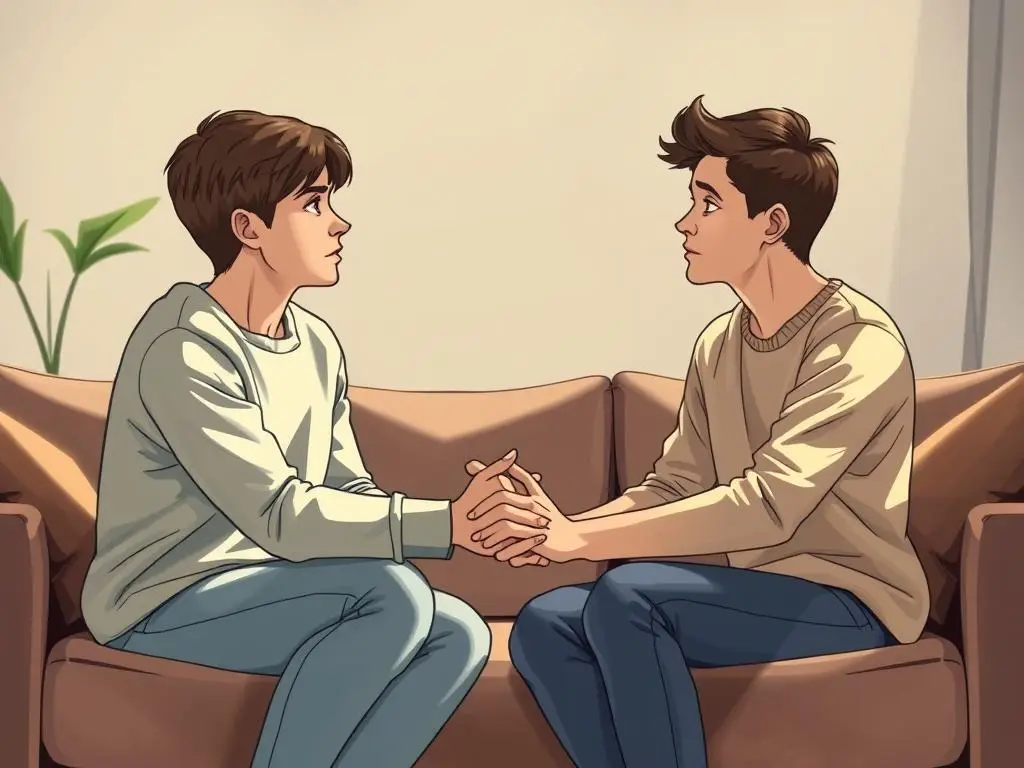 Para młodych ludzi siedząca naprzeciwko siebie podczas poważnej rozmowy, trzymają się za ręce w geście wsparcia