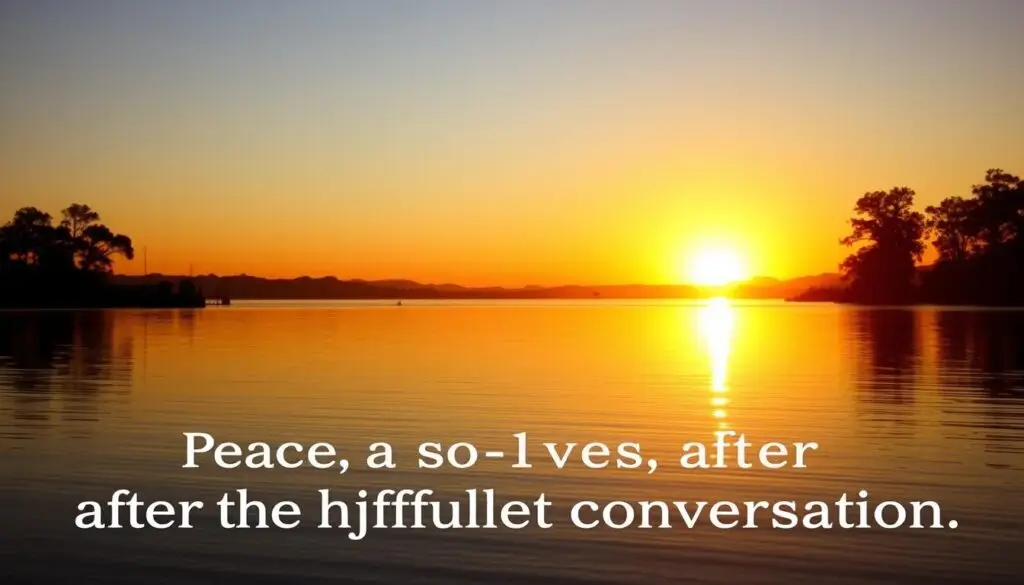 Zachód słońca nad spokojnym jeziorem, symbolizujący spokój i jasność po trudnej rozmowie