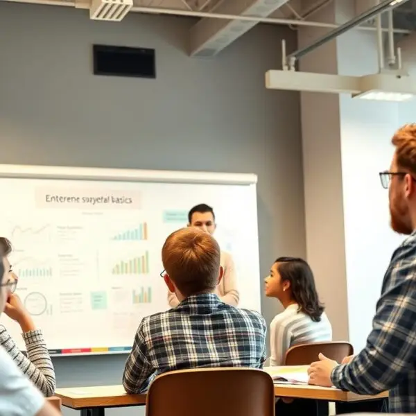 Nauczyciel podstaw przedsiębiorczości prowadzący zajęcia z uczniami w klasie