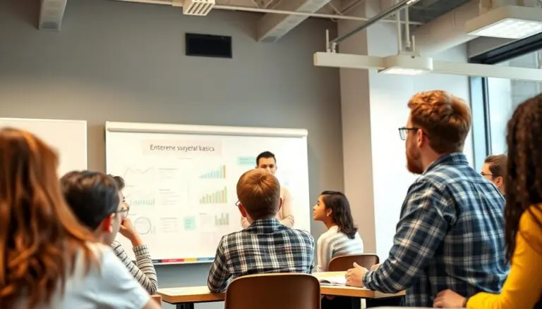 Nauczyciel podstaw przedsiębiorczości prowadzący zajęcia z uczniami w klasie