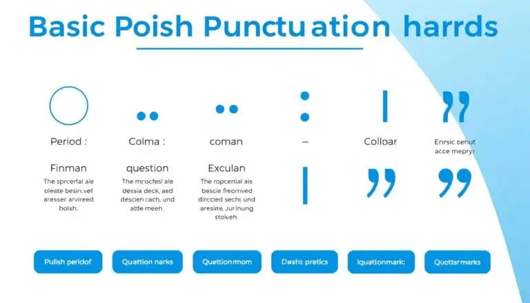 Podstawowe znaki interpunkcyjne w języku polskim przedstawione na grafice edukacyjnej