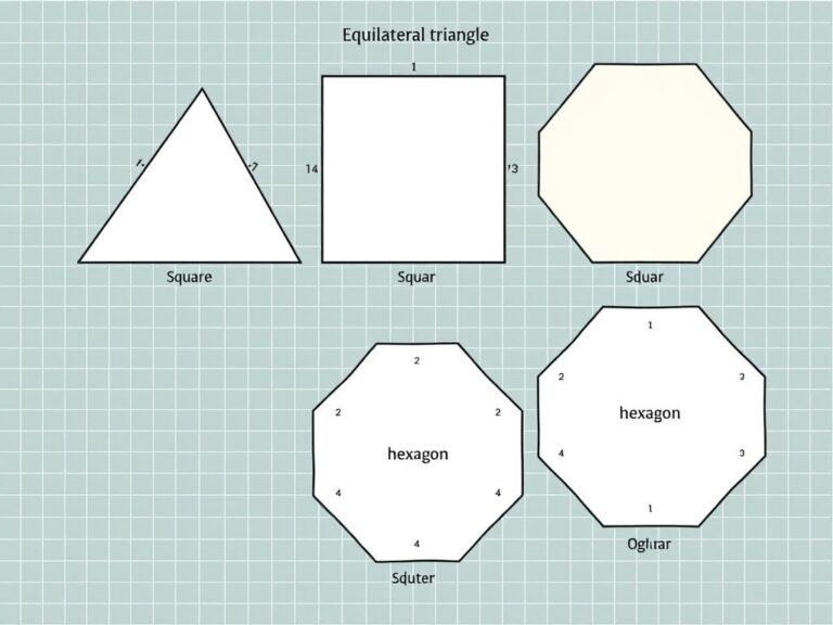 Przykłady wielokątów foremnych: trójkąt, kwadrat, pięciokąt, sześciokąt i ośmiokąt foremny