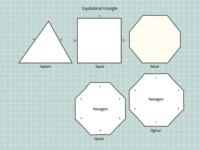 Przykłady wielokątów foremnych: trójkąt, kwadrat, pięciokąt, sześciokąt i ośmiokąt foremny