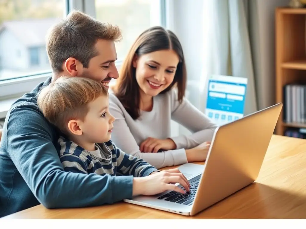 Rodzic z dzieckiem wypełniający elektroniczny wniosek do szkoły w chmurze