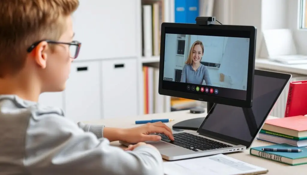 Uczeń podczas rozmowy kwalifikacyjnej do liceum w chmurze