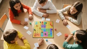 Dzieci grajace w planszowa gre edukacyjna z tabliczka mnozenia przy stole