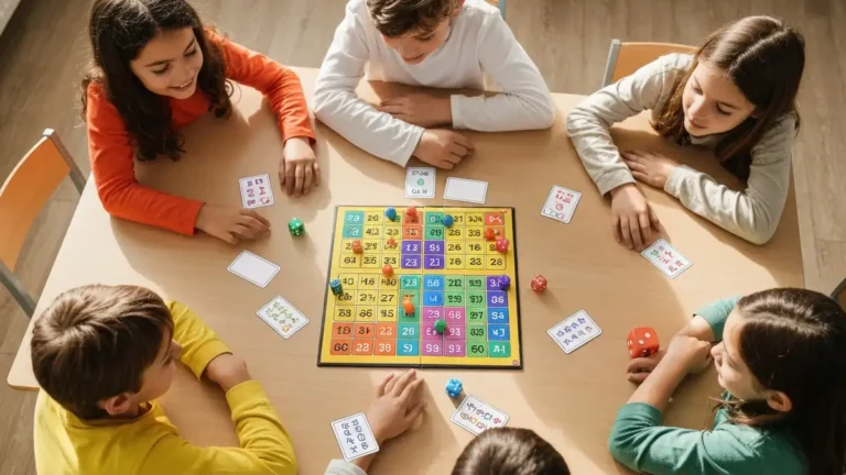 Dzieci grajace w planszowa gre edukacyjna z tabliczka mnozenia przy stole