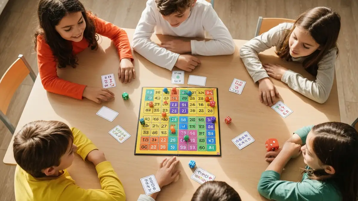 Dzieci grajace w planszowa gre edukacyjna z tabliczka mnozenia przy stole