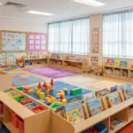 Kolorowa, starannie urzadzona sala przedszkolna z kącikami tematycznymi, gazetkami sciennymi i ergonomicznymi meblami