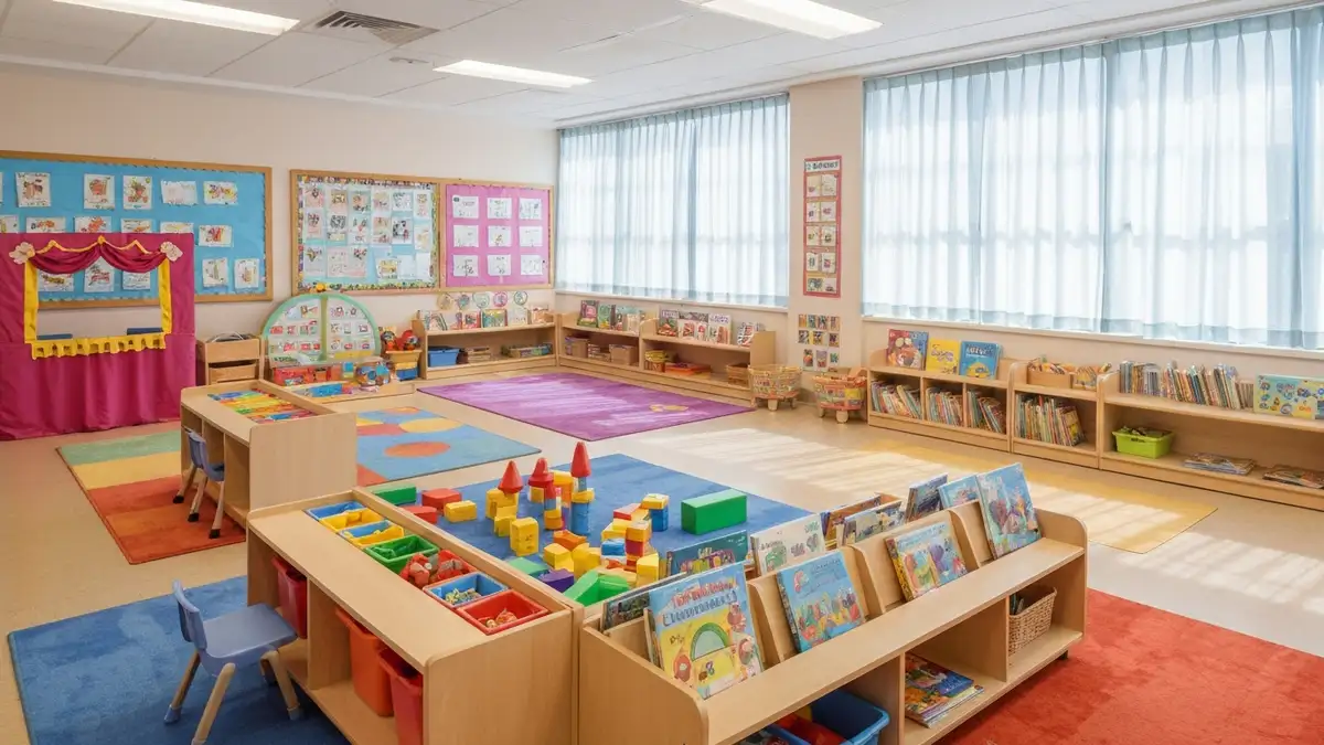 Kolorowa, starannie urzadzona sala przedszkolna z kącikami tematycznymi, gazetkami sciennymi i ergonomicznymi meblami