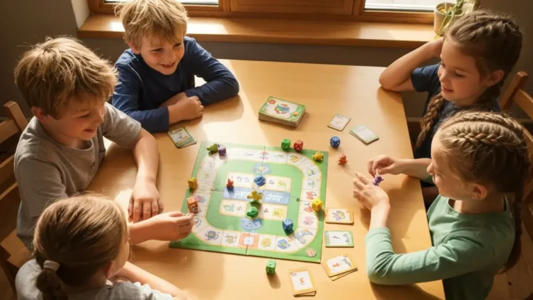 Dzieci w wieku 6-10 lat graja w gre planszowa edukacyjna przy stole, widoczne karty i pionki