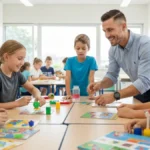 Dzieci z klas 1-3 uczestniczace w zabawie aktywizujacej w sali lekcyjnej