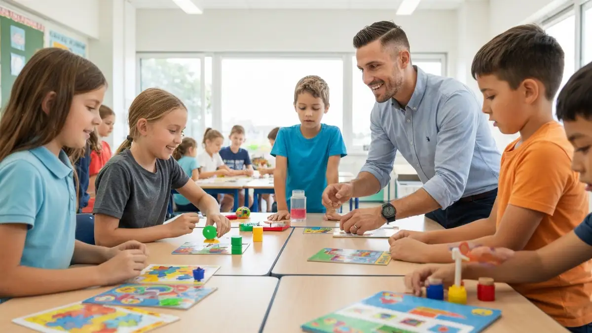 Dzieci z klas 1-3 uczestniczace w zabawie aktywizujacej w sali lekcyjnej