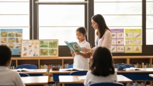 Dziecko z zaburzeniami ADHD i dysleksją pracujące nad czytaniem z pomocą nauczyciela wspomagającego