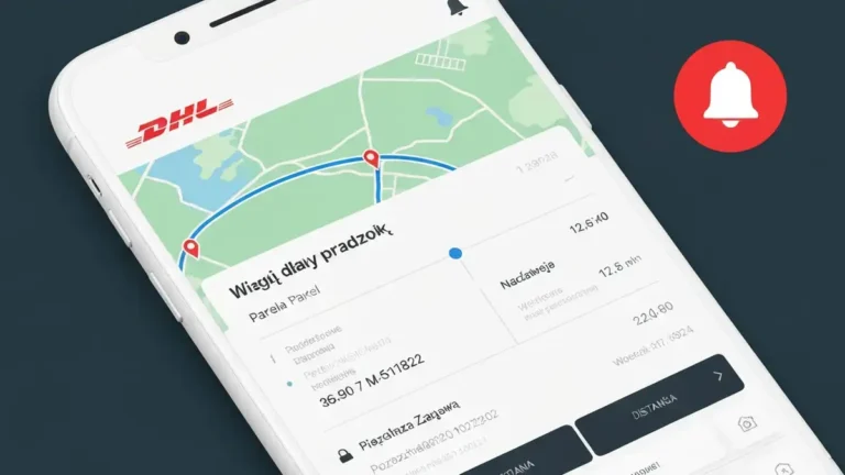 Ekran aplikacji DHL pokazujący śledzenie przesyłki w czasie rzeczywistym z mapą trasy i statusem dostarczenia