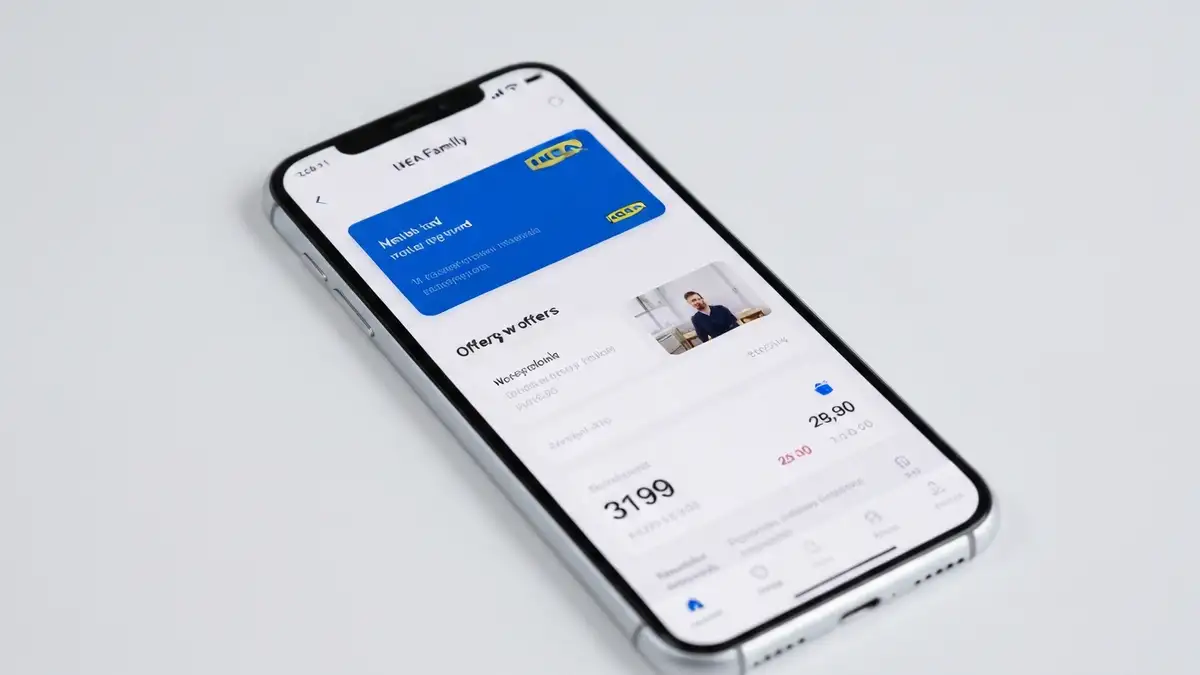 Aplikacja IKEA Family na ekranie telefonu z interfejsem kart, ofert i punktów lojalnościowych