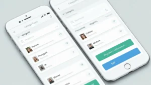 Ekran główny aplikacji OLX z kategoriami produktów i przyciskiem do wystawiania ogłoszeń na telefonie