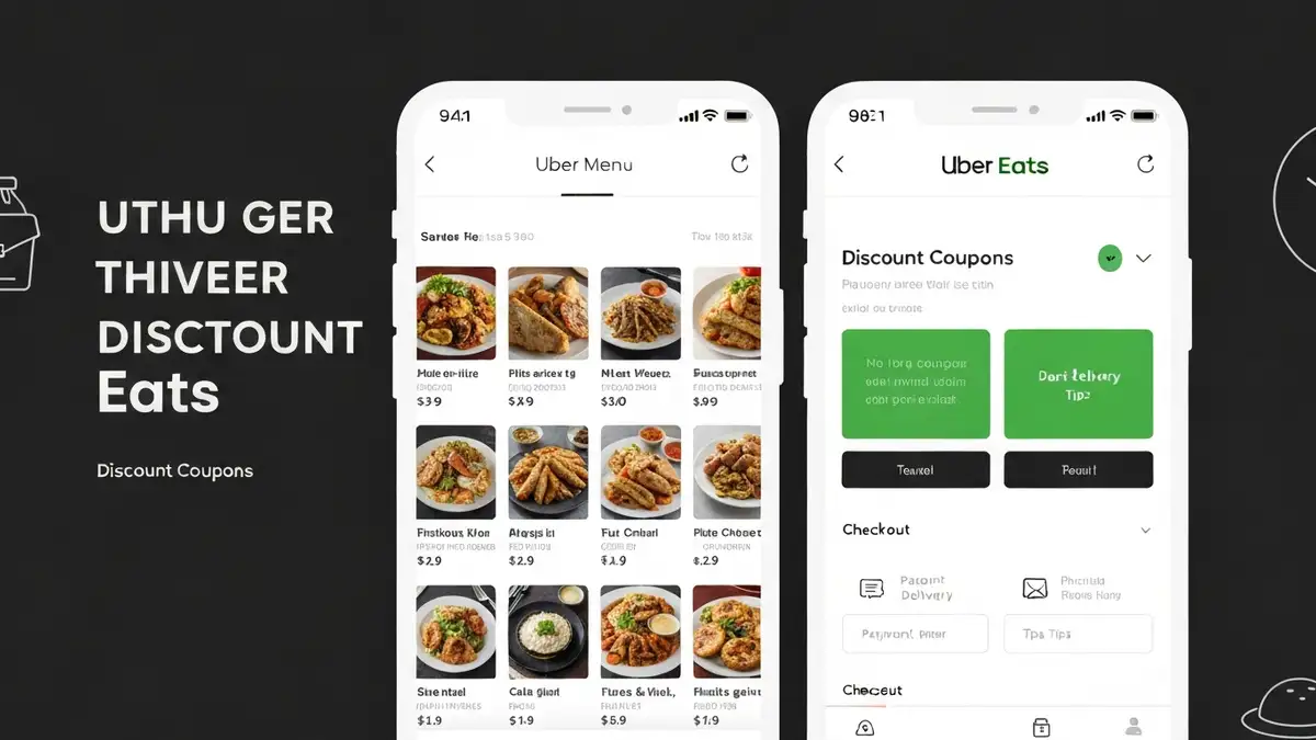 Interfejs aplikacji Uber Eats z menu restauracji, kuponami rabatowymi i opcją zamawiania jedzenia na telefonie