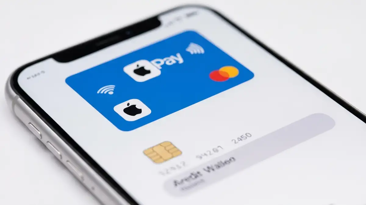 Apple Pay na iPhonie - ekran Wallet z kartą kredytową i symbolem NFC