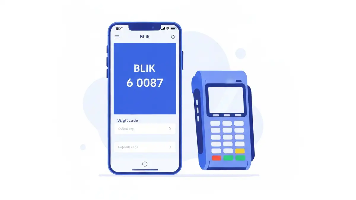 Smartfon z ekranem aplikacji bankowej pokazujący kod BLIK na tle terminala płatniczego