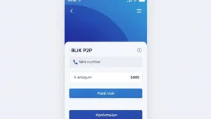 Ekran aplikacji bankowej z opcją BLIK P2P i polem do wpisania numeru telefonu odbiorcy