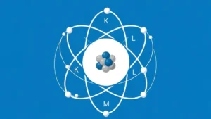 Schemat budowy atomu z jądrem, protonami, neutronami i powłokami elektronowymi - model Bohra