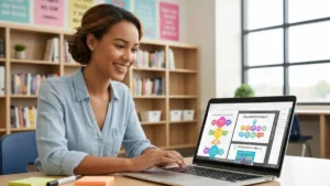 Nauczyciel używający Canva do tworzenia materiałów edukacyjnych na laptopie