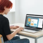 Uczen siedzacy przy laptopie tworzy kolorowa prezentacje szkolna w Canvie