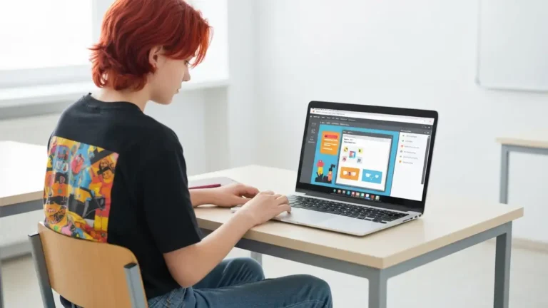 Uczen siedzacy przy laptopie tworzy kolorowa prezentacje szkolna w Canvie