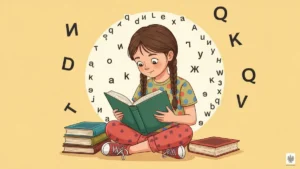 Dziecko czytające książkę z trudnościami - ilustracja edukacyjna na temat dysleksji