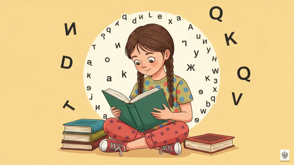 Dziecko czytające książkę z trudnościami - ilustracja edukacyjna na temat dysleksji