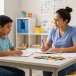 Psycholog przeprowadzający test WPPSI z dzieckiem w poradni psychologiczno-pedagogicznej
