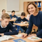 Nauczycielka wspiera ucznia z dysleksją podczas pracy nad tekstem, pokazując dostosowania edukacyjne