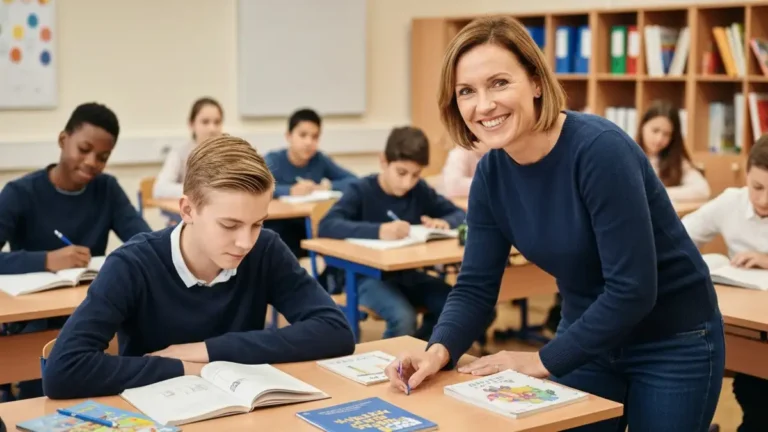 Nauczycielka wspiera ucznia z dysleksją podczas pracy nad tekstem, pokazując dostosowania edukacyjne