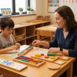 Dziecko z dyskalkulią pracujące z nauczycielem przy zdywersyfikowanych materiałach edukacyjnych - liczydłach, kartach i kolorowych cyfrach