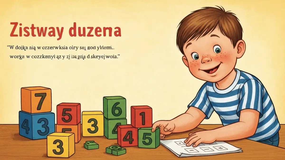Dziecko pracujące z kolorowymi klockami i liczbami, ilustracja wsparcia w nauce matematyki