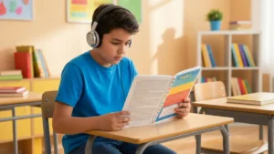 Uczeń z dysleksją czyta angielski tekst ze wsparciem wizualnym