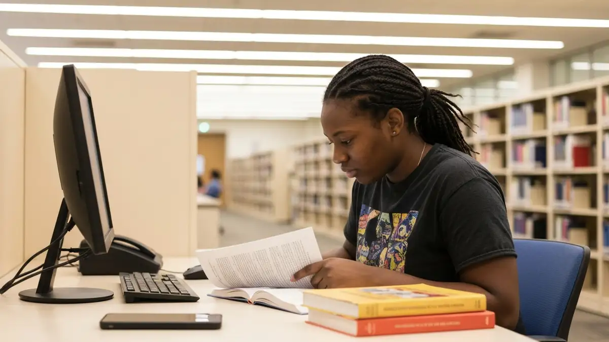 Dorosły student z dysleksją czytający skomplikowany tekst akademicki z pomocą nowoczesnych narzędzi cyfrowych na laptopie, biblioteka akademicka w tle