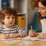 Dziecko z dysleksja siedzi przy biurku i cwicy czytanie z nauczycielem terapii pedagogicznej