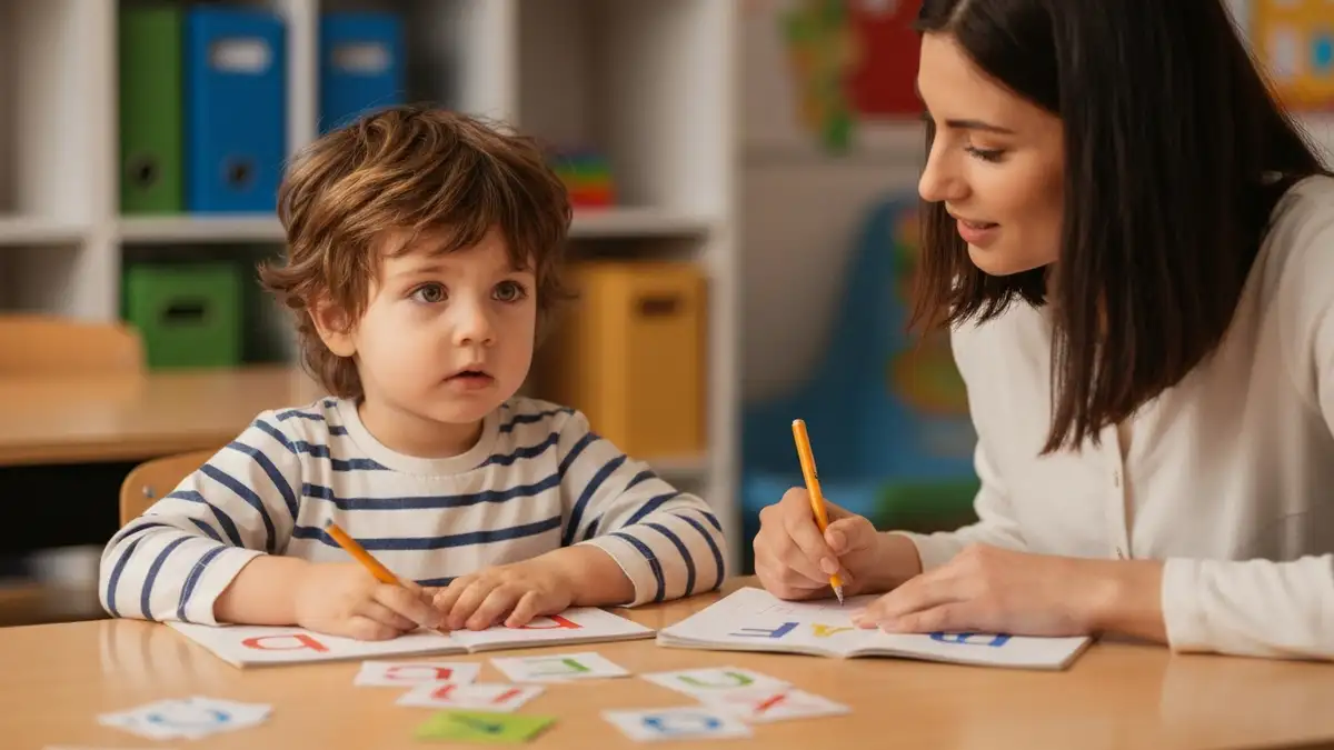 Dziecko z dysleksja siedzi przy biurku i cwicy czytanie z nauczycielem terapii pedagogicznej