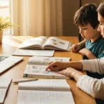 Rodzic i dziecko uczące się razem przy stole z książkami i laptopem - edukacja domowa w Polsce
