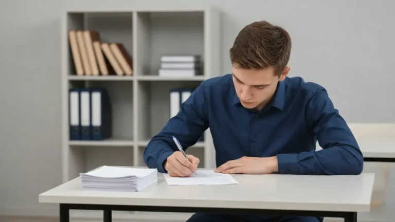 Egzamin klasyfikacyjny w edukacji domowej - uczeń przy biurku robi test pisemny na komisji szkolnej