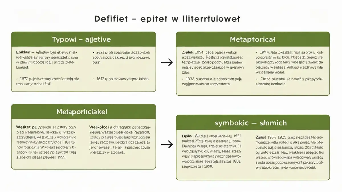 Infografika definicji epitetu z przykładami i rodzajami w tekście literackim