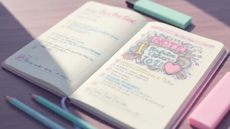 Kolorowe estetyczne notatki w zeszycie z dekoracjami, handwritingiem i geometrycznymi wzorami