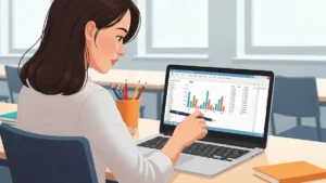 Uczen siedzacy przy laptopie z otwartym arkuszem kalkulacyjnym Microsoft Excel z kolorowymi formułami i wykresem slupkowym na ekranie
