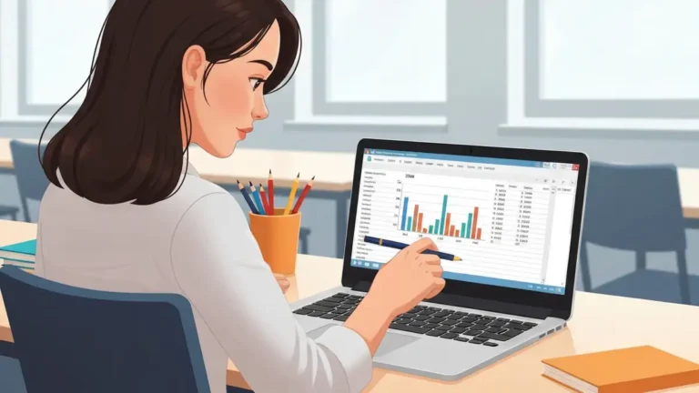 Uczen siedzacy przy laptopie z otwartym arkuszem kalkulacyjnym Microsoft Excel z kolorowymi formułami i wykresem slupkowym na ekranie