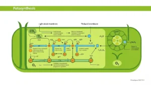 Schemat fotosyntezy w chloroplaście - faza jasna i ciemna z opisami po polsku