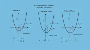 Trzy postacie funkcji kwadratowej: ogólna f(x)=ax²+bx+c, kanoniczna f(x)=a(x-p)²+q i iloczynowa f(x)=a(x-x₁)(x-x₂) z przykładową parabolą