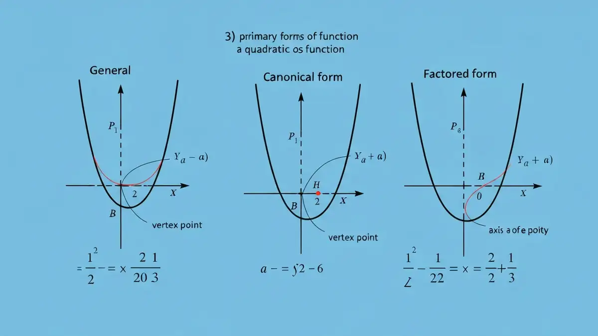 Trzy postacie funkcji kwadratowej: ogólna f(x)=ax²+bx+c, kanoniczna f(x)=a(x-p)²+q i iloczynowa f(x)=a(x-x₁)(x-x₂) z przykładową parabolą