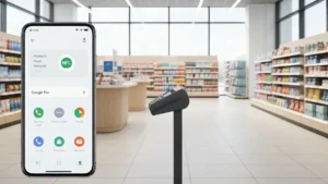 Telefon z ikoną Google Pay i terminal płatniczy w sklepie